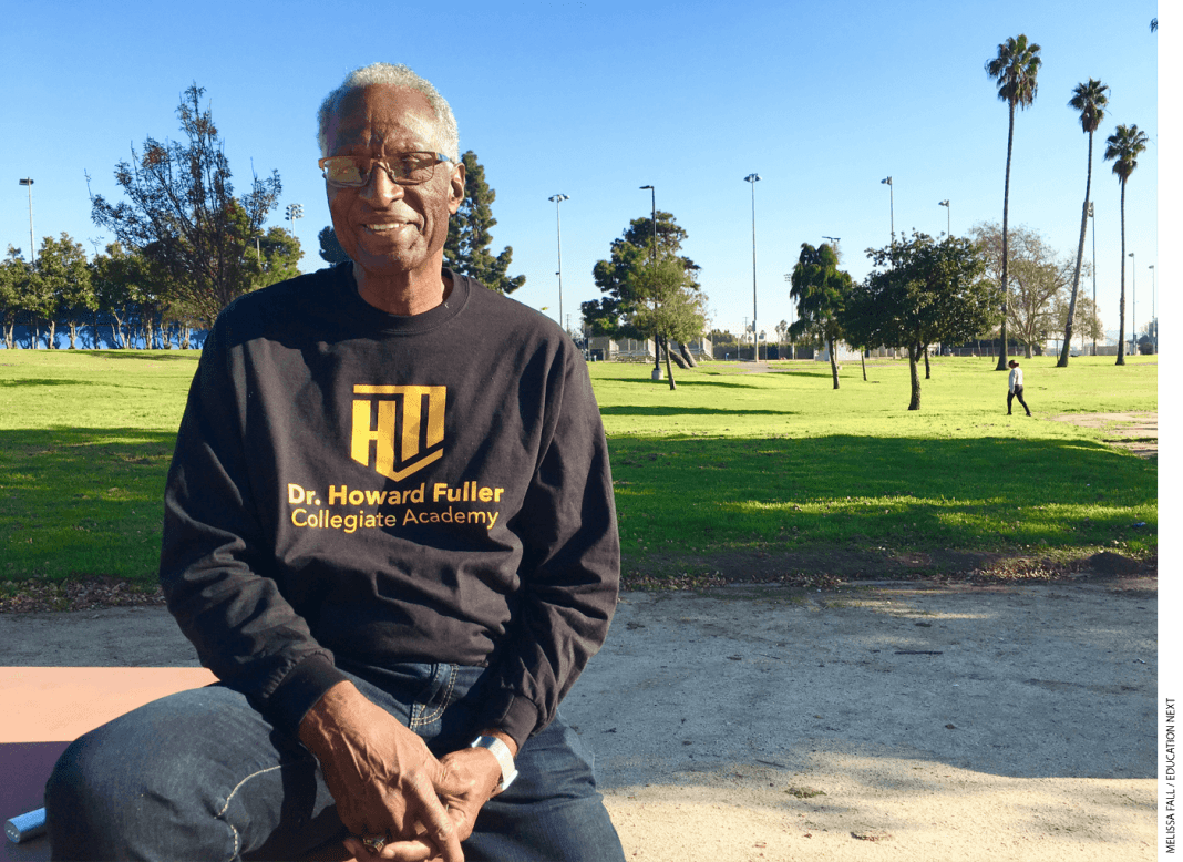 Howard Fuller at the Freedom Coalition for Charter Schools rally in Los Angeles in 2019. He wondered how DeVos could stomach working with Trump.